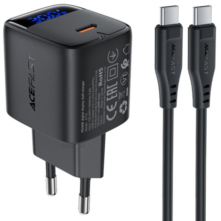 Travel Charger Acefast A115 Fast Charging USB-C PD30W 3.0A GaN with LED Digital Display + USB-C to USB-C Cable Black