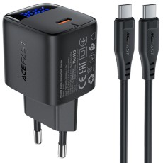 Travel Charger Acefast A115 Fast Charging USB-C PD30W 3.0A GaN with LED Digital Display + USB-C to USB-C Cable Black