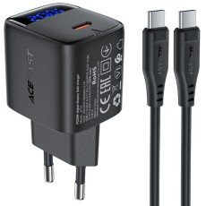 Travel Charger Acefast A113 Fast Charging USB-C PD20W GaN with Digital Display + USB-C to USB-C Cable Black