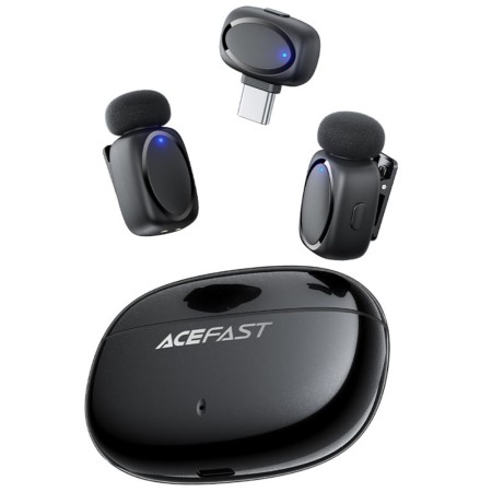 Lavalier Microphones Acefast R2 HD Noise Reduction Low Latency 15m Range and 20hr Battery Life with USB-C Transmitter and Charging Case Black