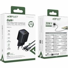 Travel Charger Acefast A118 Mini Fast Charging 1xUSB-C PD30W QC3.0 GaN with USB-C to USB-C Cable 1.2m Black