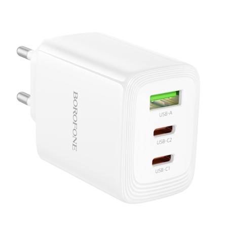 Travel Charger Borofone BN32 Cargador GaN 2xUSB-C PD65W and 1xUSB-A QC PD18W White