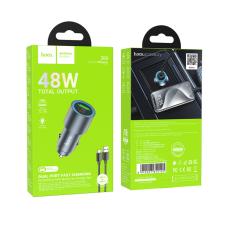 Car Charger Hoco Z60 Bloom PD48W+QC3.0 1xUSB-C 1xUSB-A with Lighting Alluminum Alloy + USB-A to USB-C Cable Black