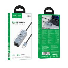 USB Hub Hoco HB1D 4-in-1 USB-A to 3xUSB-A 2.0 + RJ45 up to 480Mbps Aluminum Alloy Grey