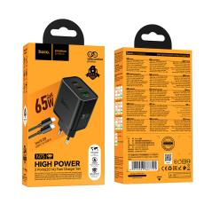 Travel Charger Hoco N75 Grande GaN 65W High Power Fast Charger with 2xUSB-C and 1χUSB-A and USB-C to USB-C 60W Cable Black