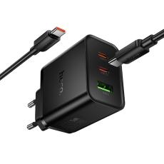 Travel Charger Hoco N75 Grande GaN 65W High Power Fast Charger with 2xUSB-C and 1χUSB-A and USB-C to USB-C 60W Cable Black