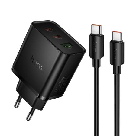 Travel Charger Hoco N75 Grande GaN 65W High Power Fast Charger with 2xUSB-C and 1χUSB-A and USB-C to USB-C 60W Cable Black