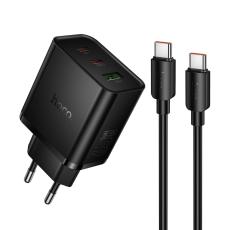 Travel Charger Hoco N75 Grande GaN 65W High Power Fast Charger with 2xUSB-C and 1χUSB-A and USB-C to USB-C 60W Cable Black