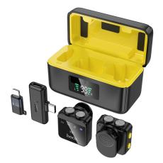 Set Lavalier Microphones Hoco L17 with Magnetic Clamp USB-C + Lightning and Omnidirectional Microphone 600mAh 6hr Use Time and Charging Case Black