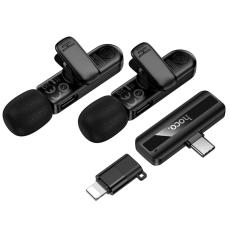 Set Lavalier Microphones Hoco L20A Fair with Clamp Fully Directional Microphone 60mAh 4hr Use Time and Lightning Adapter Black