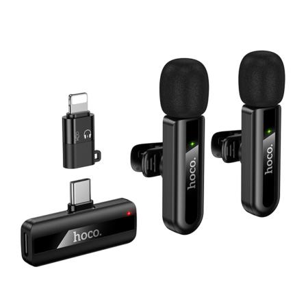 Set Lavalier Microphones Hoco L20A Fair with Clamp Fully Directional Microphone 60mAh 4hr Use Time and Lightning Adapter Black