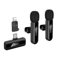 Set Lavalier Microphones Hoco L20A Fair with Clamp Fully Directional Microphone 60mAh 4hr Use Time and Lightning Adapter Black