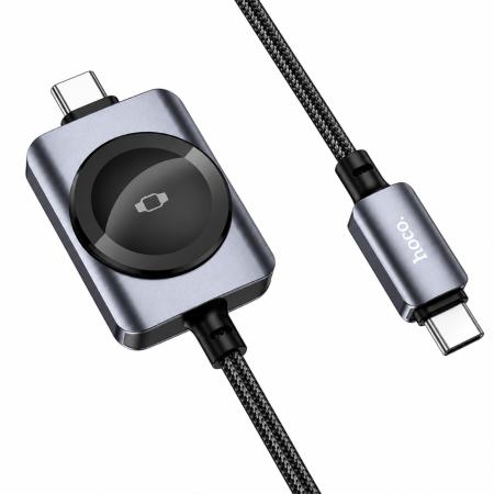 Cable Hoco CW66 2-in-1 USB-C to USB-C PD100W 3A Fast Charge Alluminum Alloy with Apple Watch Wireless Charger 2.5W Braided Black 1.2m
