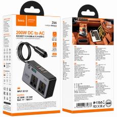 Car Charger 12V to 220V Converter Hoco Z66 with 2xSuko Outlets 200W 2xUSB-A 1xUSB-C 66W LED Display Cable 50cm Black