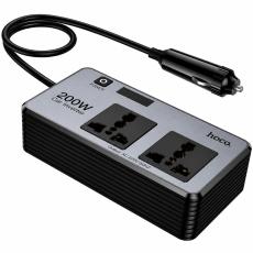 Car Charger 12V to 220V Converter Hoco Z66 with 2xSuko Outlets 200W 2xUSB-A 1xUSB-C 66W LED Display Cable 50cm Black