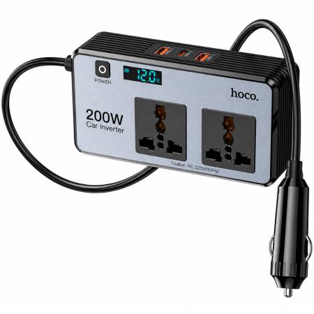 Car Charger 12V to 220V Converter Hoco Z66 with 2xSuko Outlets 200W 2xUSB-A 1xUSB-C 66W LED Display Cable 50cm Black