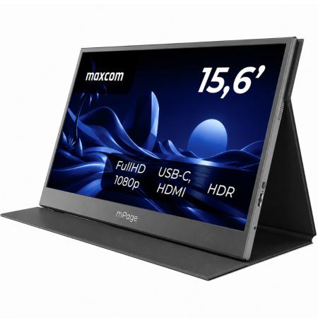 Portable Monitor Maxcom MPAGE15 15.6’’ HDR FHD 1920 x 1080 IPS 1xMiniHDMI 2xUSB-C 3.1 1xAudio Jack 3.5mm Built-in Case Stand Black