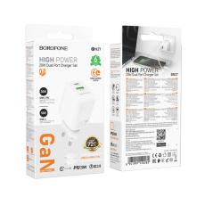 Travel Charger Borofone BN27 Fuente GaN 1xUSB-C PD20W 1xUSB-A QC3.0A and USB-C to USB-C Cable White