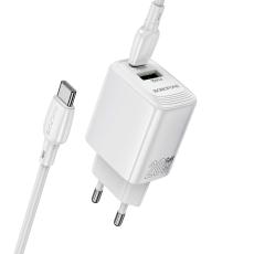 Travel Charger Borofone BN27 Fuente GaN 1xUSB-C PD20W 1xUSB-A QC3.0A and USB-C to USB-C Cable White