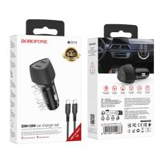 Car Charger Borofone BZ31D Solid Dual USB-C Ports PD60W and USB-C  to USB-C Cable 1m Black