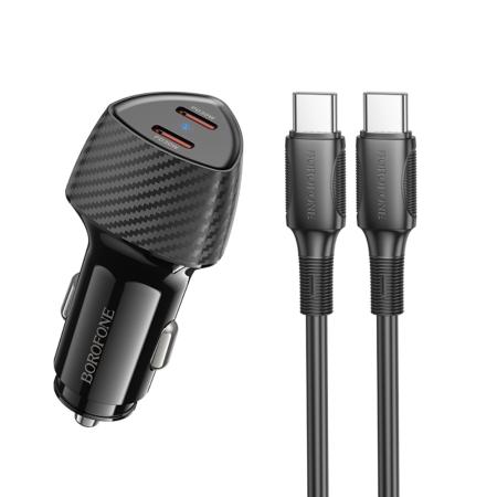 Car Charger Borofone BZ31D Solid Dual USB-C Ports PD60W and USB-C to USB-C Cable 1m Black