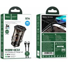 Car Charger Hoco. DZ16 Apex Lightweight 30W USB-C PD30W + USB-A 18W QC3.0A with USB-A to USB-C Cable Transparent Black
