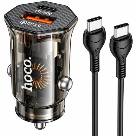 Car Charger Hoco. DZ16 Apex Lightweight 30W USB-C PD30W + USB-A 18W QC3.0A with USB-A to USB-C Cable Transparent Black