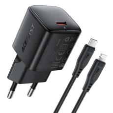 Travel Charger Acefast A118 Mini Fast Charging 1xUSB-C PD30W QC3.0 GaN with USB-C to Lightning Cable 1.2m Black