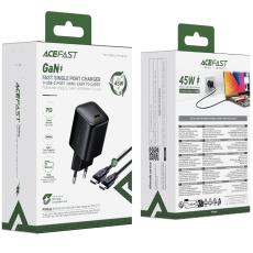 Travel Charger Acefast A119 Mini Fast Charging 1xUSB-C PD45W QC3.0 GaN with USB-C to USB-C Cable 1.2m Black