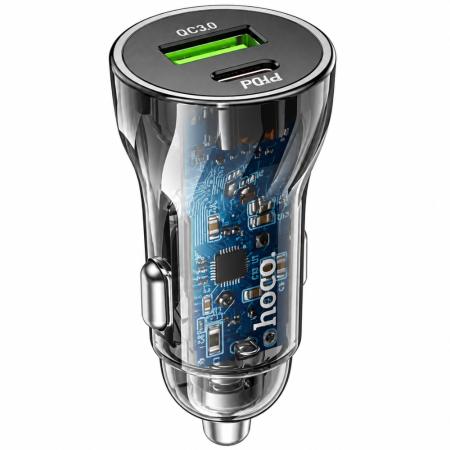 Car Charger Hoco ZA47 Transparent Discovery Dual Port Fast Charge PD30W QC3.0 USB 20W, USB-C 30W 5V/3A Transparent Black Bulk