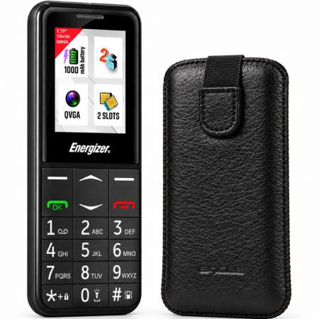 Energizer Feature E4 32MB/2GB Dual Sim 2G 1.77" with SOS Button, Handsfree, UK and EU Charger + Case Protect Ancus Faux Leather Black