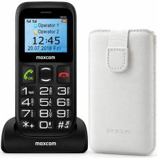 Maxcom MM426 SE (Dual Sim) 1.77" with Charging Base, Big Buttons, FM, Flashlight and SOS Button Black + Case Protect Ancus Old Leather White
