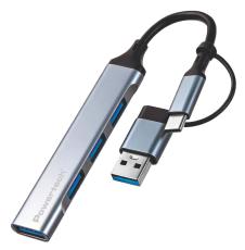 POWERTECH USB hub PTR-0206, 4x θυρών, USB 3.0, 5Gbps, USB & USB-C σύνδεση, γκρι
